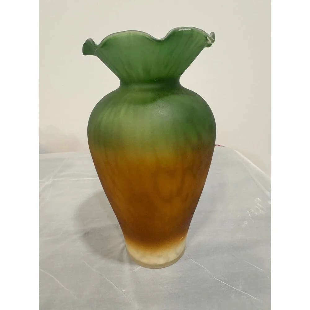 Vintage Satin Art Glass Vase Green Amber Ombré Ruffled Rim Art Nouveau Style